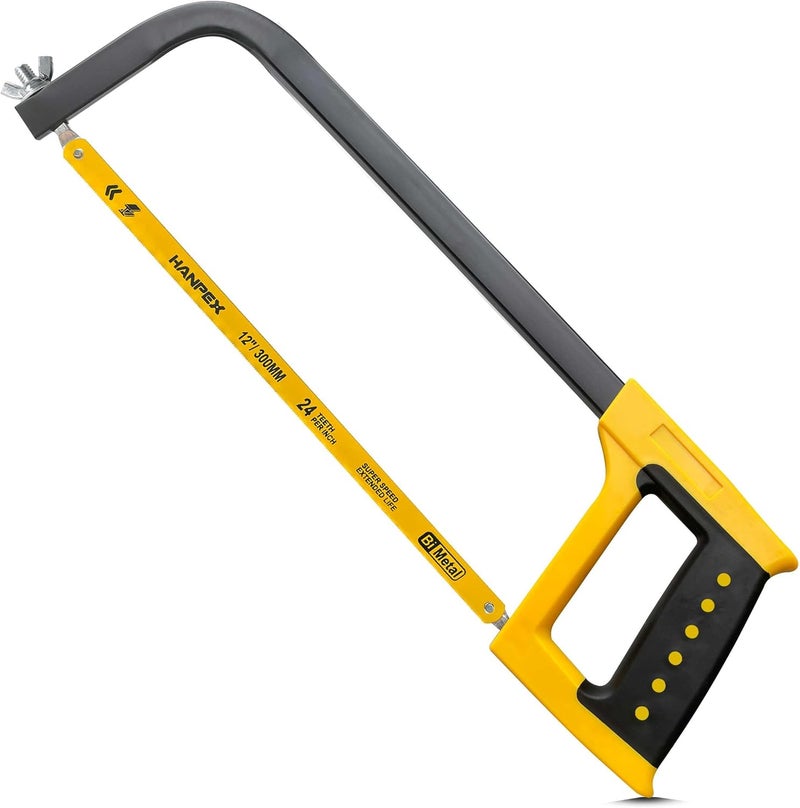 Hanpex 12inch High-Tension Hacksaw Frame with 24 TPI Bi-metal Blade, Hand Saw Suitable for Metal, wood, PVC, Carpentry - Image 1